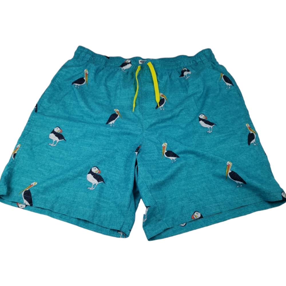 AD HOC Lined Swim Trunks Size XL in Blue-Bird Themed Side Pockets Drawstring